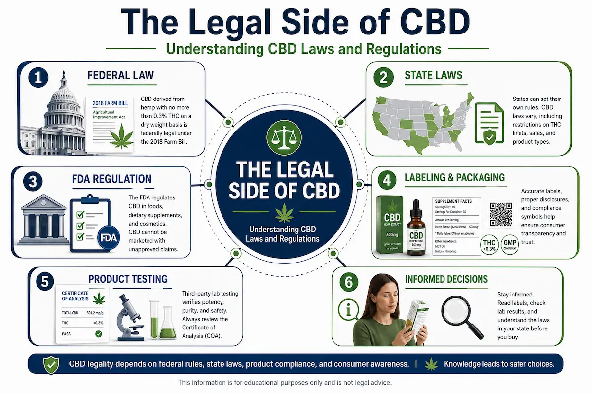 Educational infographic explaining federal hemp laws, state regulations, FDA oversight, product testing, labeling requirements, and CBD consumer awareness.The Legal Side of CBD