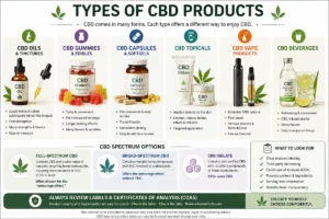 Educational guide showing common types of CBD products including oils, gummies, capsules, topicals, vape products, beverages, and CBD spectrum options
