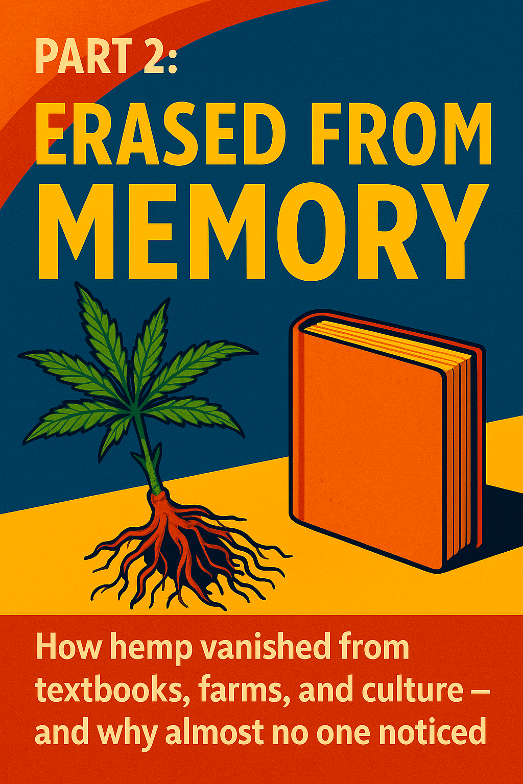 Colorful digital artwork showing a hemp plant surrounded by dissolving textbooks and a fading rural landscape — symbolizing the erasure of hemp from American history, education, and farming.”
