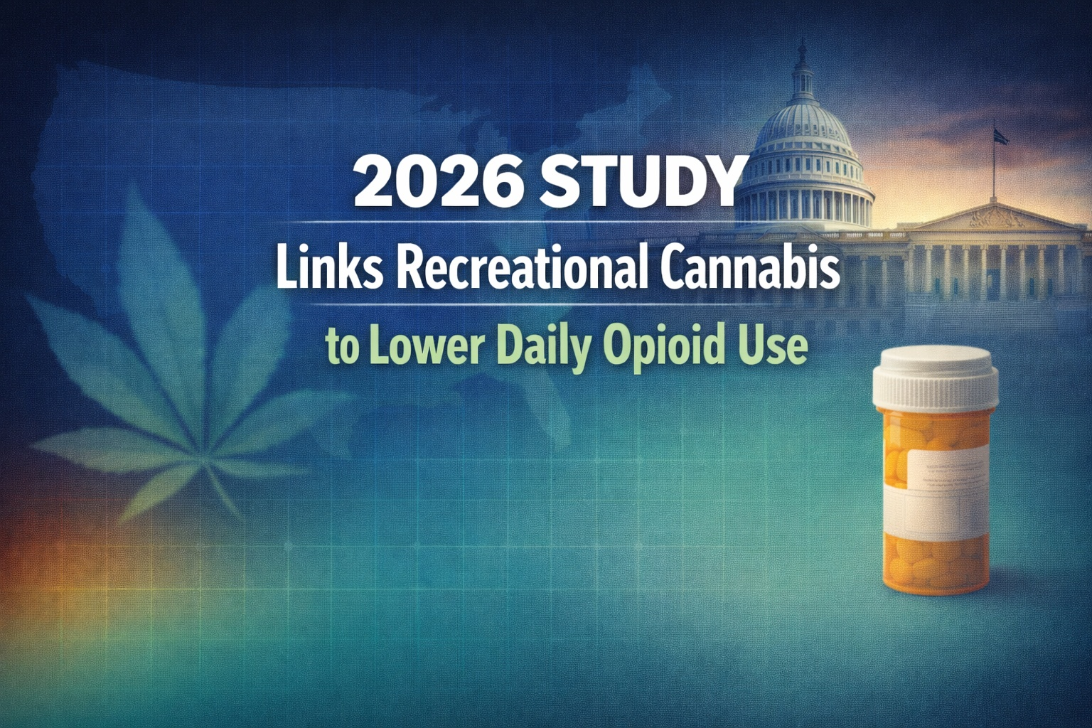 Graphic showing a 2026 study linking recreational cannabis laws to lower daily opioid use, with U.S. Capitol and prescription bottle imagery.