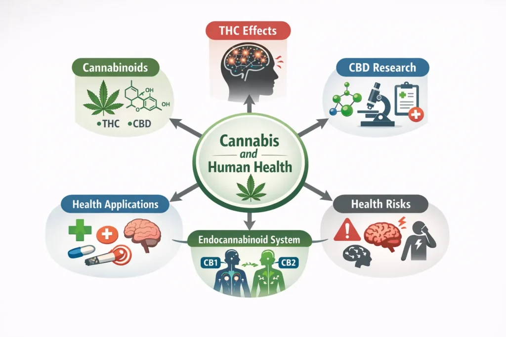 cannabis and human health diagram showing cannabinoids and the endocannabinoid system