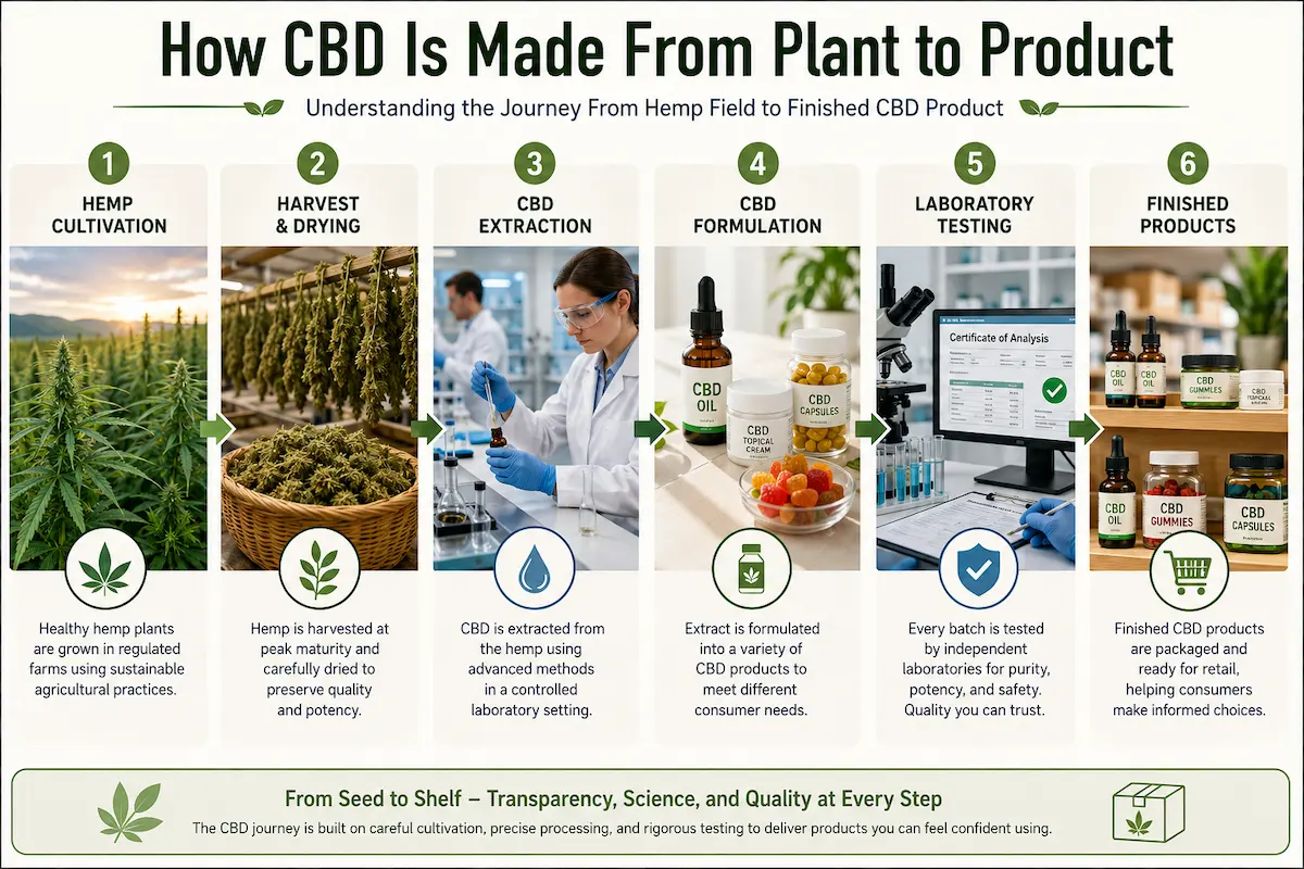 How CBD Is Made From Plant to Product Educational roadmap showing how CBD moves from hemp cultivation and harvesting to extraction, testing, formulation, and finished products