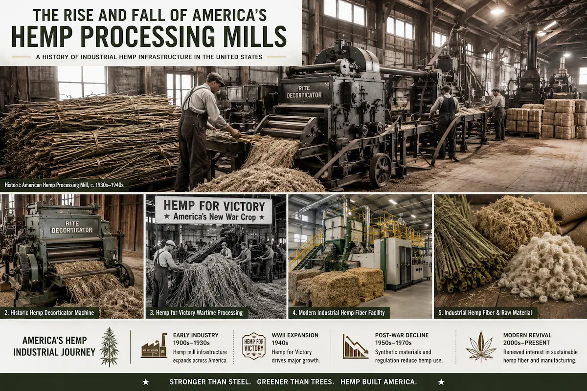 Collage showing historical and modern industrial hemp processing infrastructure in the United States