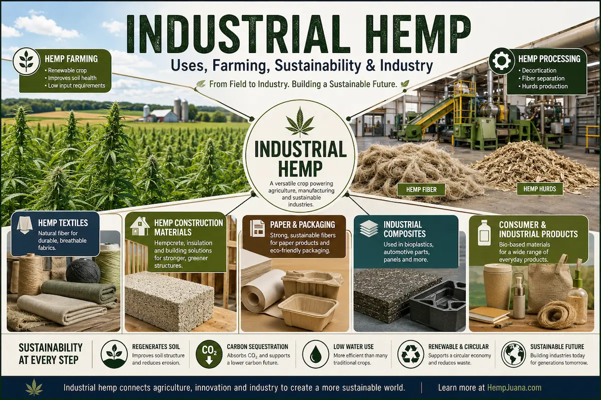 Industrial hemp field showing farming, processing, manufacturing, sustainability, and industrial applications.