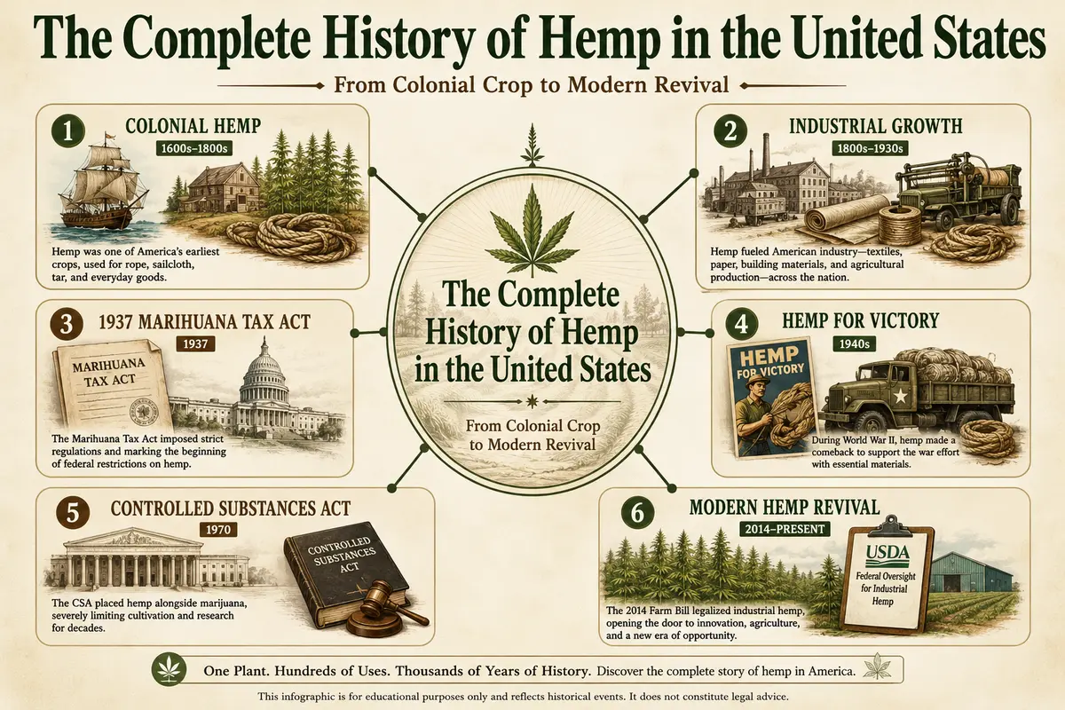 Complete history of hemp in the United States topic map showing colonial hemp farming, industrial growth, the Marihuana Tax Act, Hemp for Victory, the Controlled Substances Act, and modern hemp revival