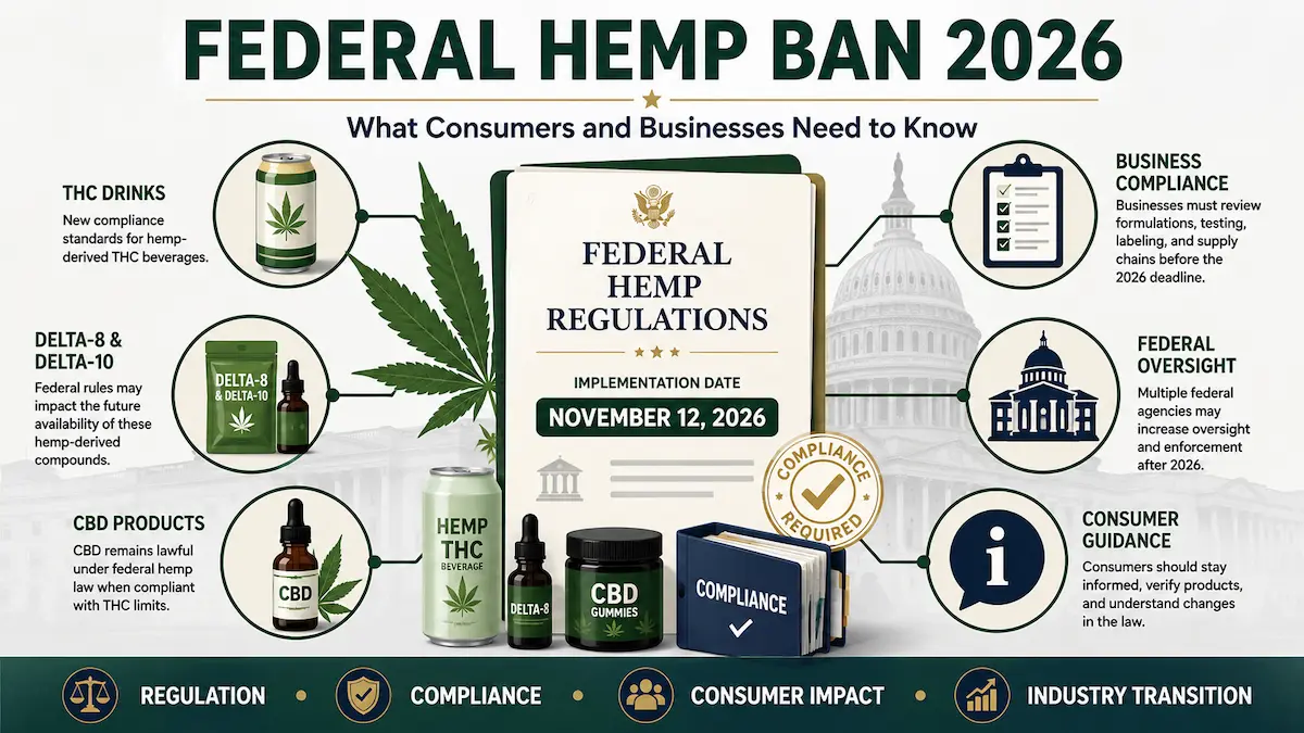 Federal hemp ban 2026 compliance and regulatory changes affecting THC beverages, Delta-8 products, CBD products, consumers, and hemp businesses