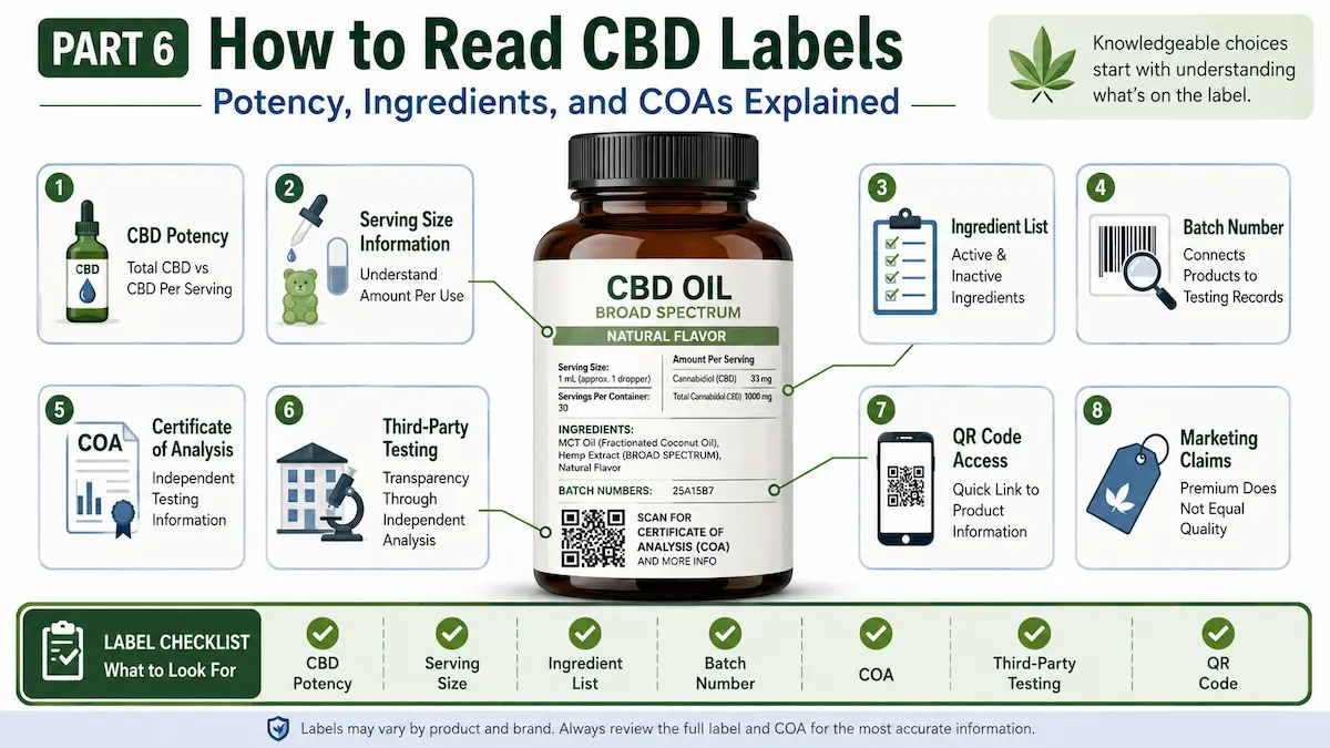 Educational infographic showing how to read CBD labels, including potency information, ingredients, batch numbers, QR codes, and Certificates of Analysis (COAs).