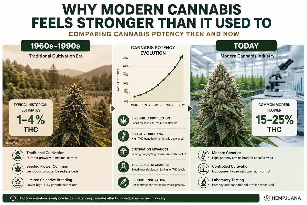 Why modern cannabis feels stronger than it used to compared with historical cannabis potency and THC concentration trends