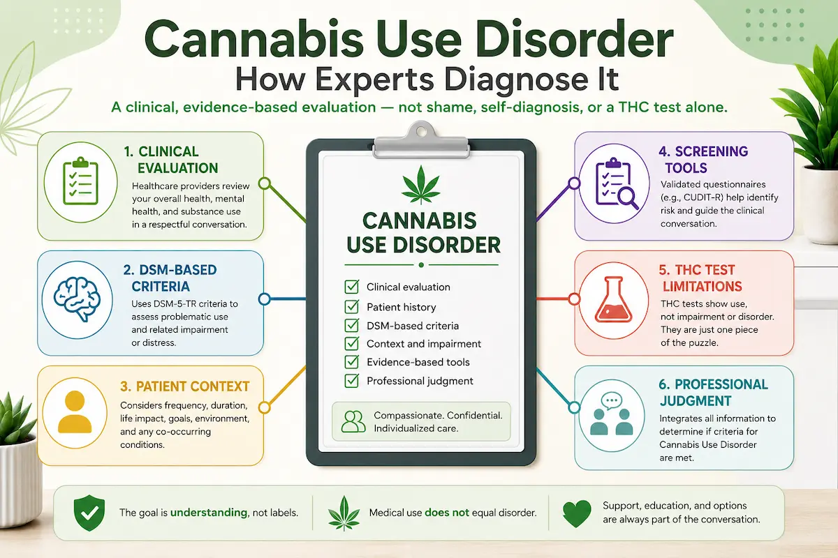 Topic map explaining how clinicians evaluate cannabis use disorder using clinical context, DSM-based criteria, screening tools, and THC test limits